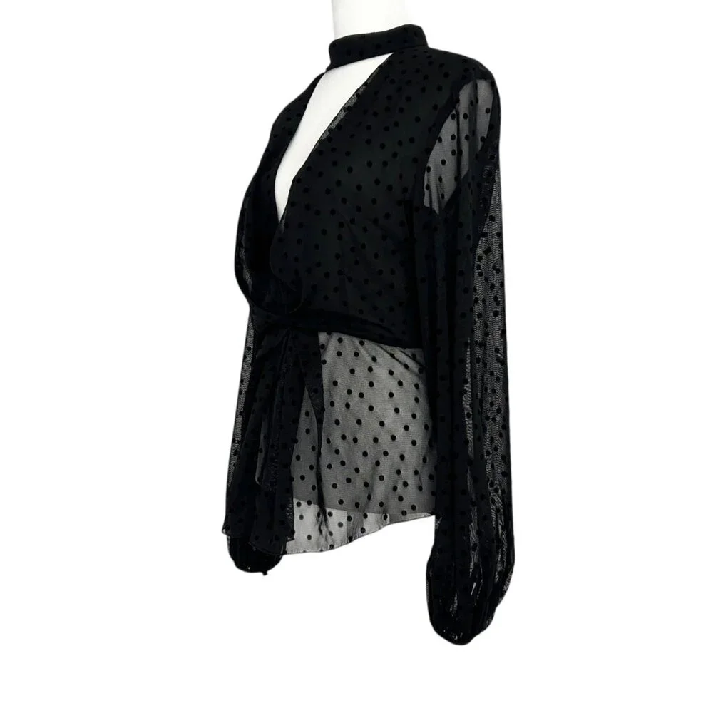 Nicholas Black Velvet Polka Dot Mesh Sheer Choker Blouse Top‎ (XS)